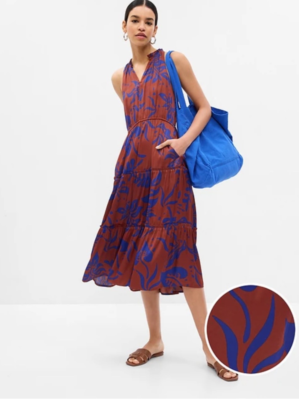 Gap Tiered Midi Dress Blue Brown Satin Floral Size S EUC